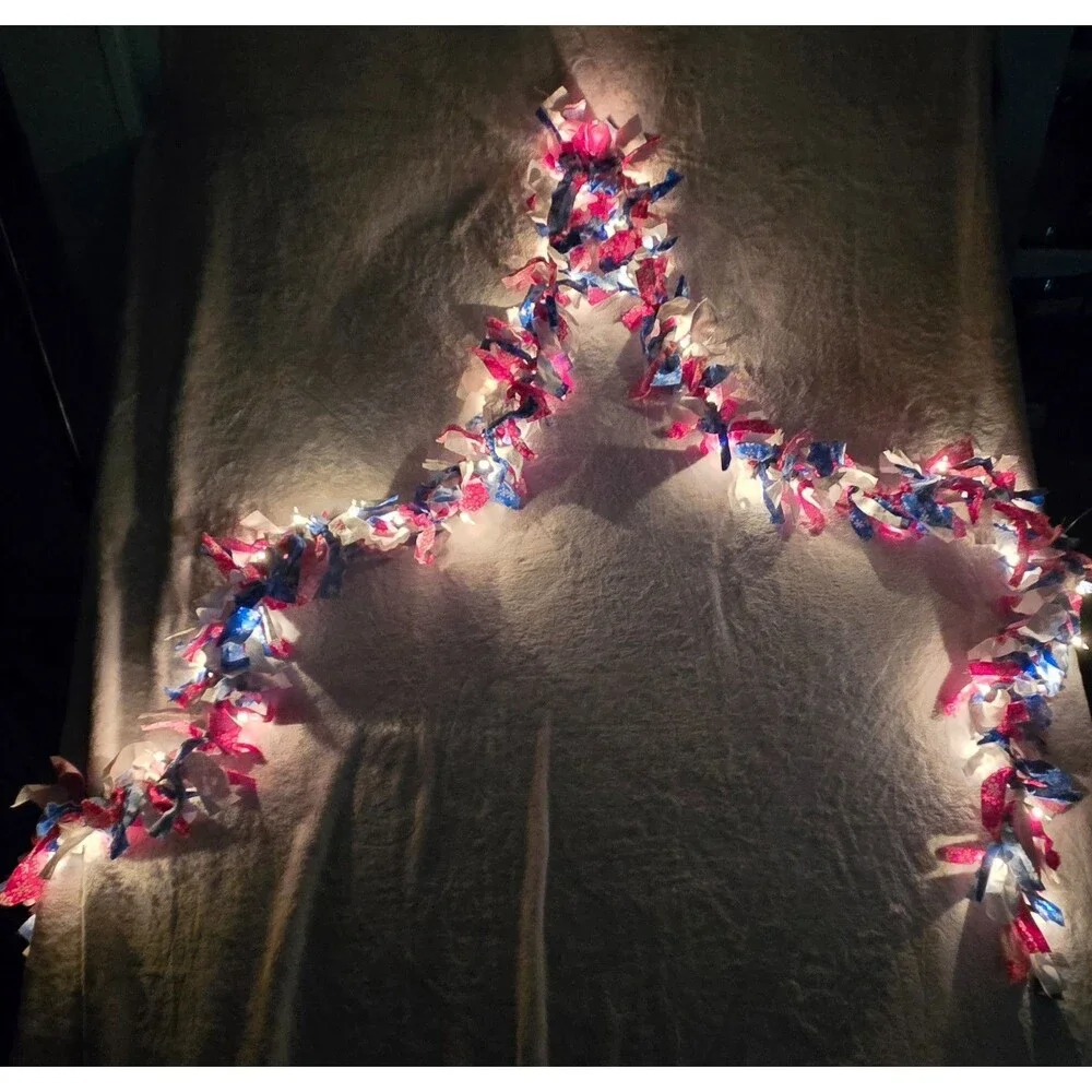 Americana Fabric Garland Rustic Rag Lighted Garland 12 ft Farmhouse 4th of July